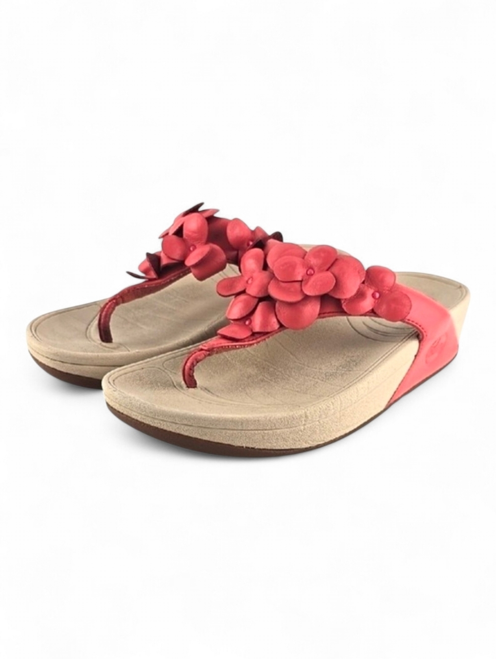 FitFlop Women's Fleurs Leather Raised Red Flower Thong Comfort Sandals Size 6